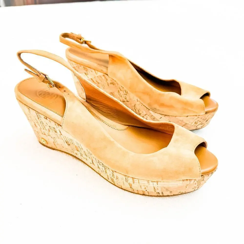 Tory Burch Tan Suede Peep Toe Wedge Slingback Sandals Size 8